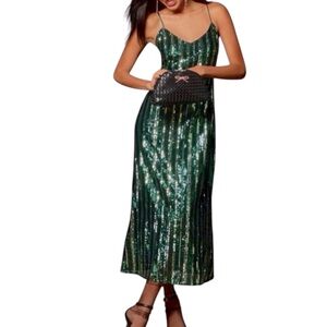 NWT Maeve Sleeveless Sequin Striped Slip Dress Green Anthropologie Sz Med Petite